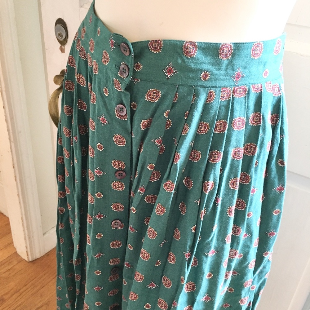 VTG Boho Geometric Full Button Skirt Green SZ L